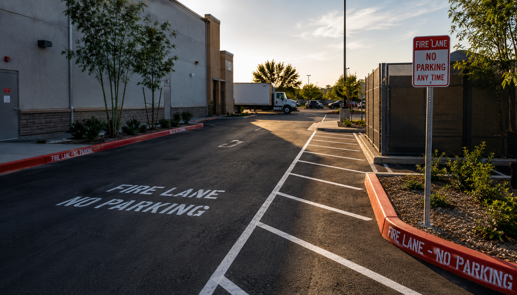 Fire lane striping and no-parking signage at a commercial property