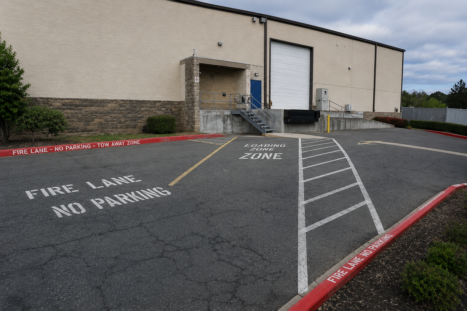 Commercial parking lot with fire lane no parking markings and accessible parking striping