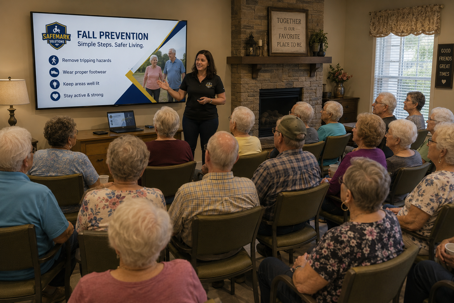 SafeMark fall prevention education session with seniors in a community room