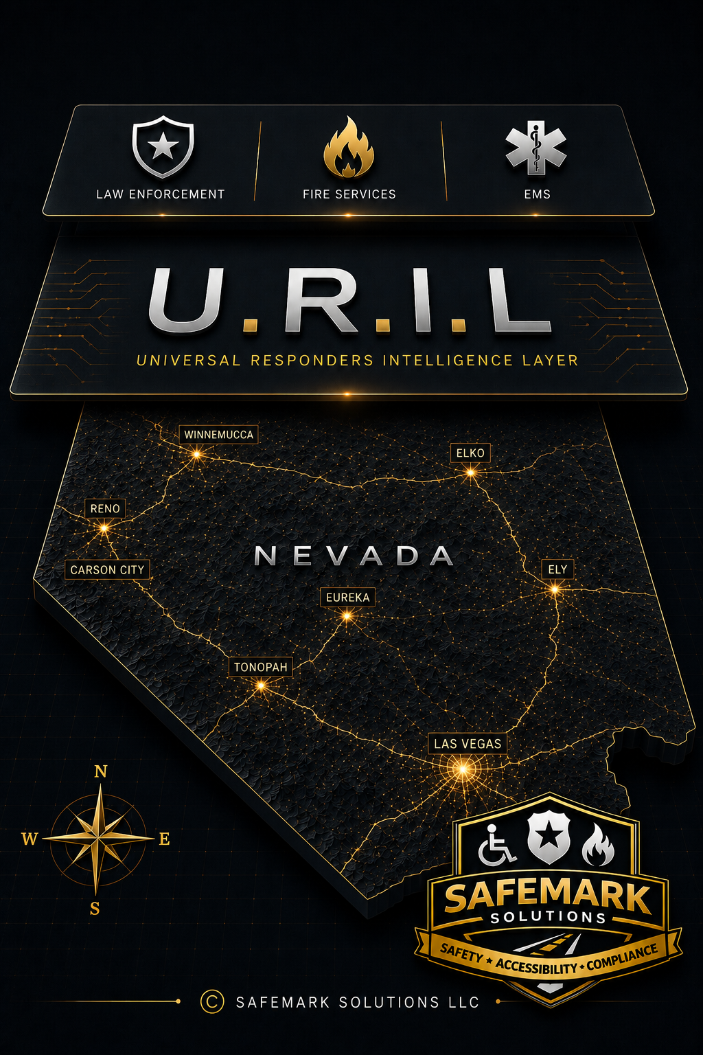 U.R.I.L. Universal Responders Intelligence Layer map connecting first responders across Nevada