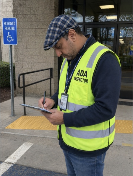 ADA inspector documenting accessible parking conditions